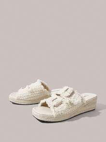 Styleloop 女士编织带露趾坡跟波西米亚风凉鞋，舒适厚实编织鞋底，杏色，适合海滩、度假、旅行 - 杏色 - 查看 3