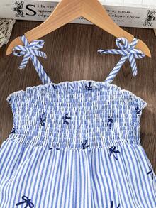 女童复古波西米亚风吊带纹理面料宽松阔腿连体裤，黑白图腾印花，简约优雅飘逸，适合春季、夏季、派对、外出、度假穿着。 - 藍色 - 查看 3