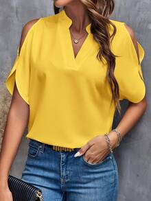 Clasi Blusa de camisa blanca con hombros descubiertos y manga dividida - Amarillo - Ver 5
