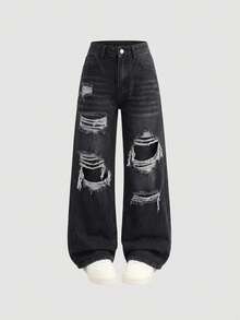 Tween Girls Blue Distressed Loose Fit Jeans - Black - View 7