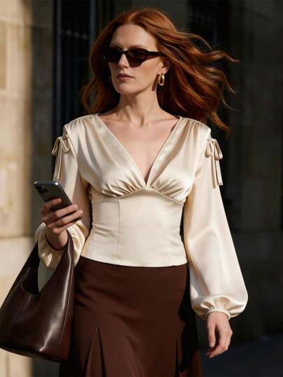 Ciel Poise Ciel Poise Women's Satin Elegant Sexy Lantern Sleeve Belt Design Shirt, V-Neck, Waist Slimming Shoulder Strap Design, Apricot Color, Back To School Season, Elegant Woman, Office Wear Women Fall Autumn