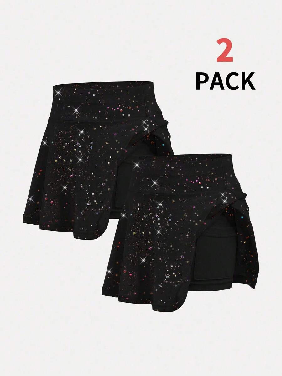 SHEIN 两件套女童运动服短裤和短裙,瑜伽休闲款,弹力星空印花图案,舒适迷你裙,返校季 - 彩色 - 查看 1