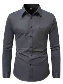 Manfinity Mode Camisa de manga larga de unicolor versátil y casual para hombres, formal, ceremonia - Gris Oscuro - Ver 3
