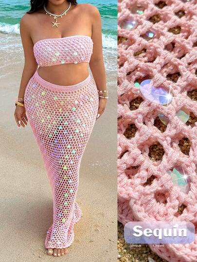 GalTyme Falda hueca versátil y elegante de estilo de resort de playa para mujer de talla grande, con ganchillo a mano, cuentas y lentejuelas de colores