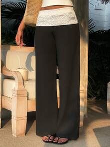 SHEIN EZwear Women's Contrast Color Contrast Lace Straight Loose Pants - Black and White - View 10