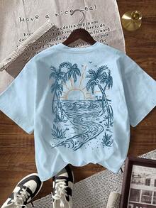 EMERY ROSE Women's Casual Coconut Tree Print Round Neck Short Sleeve T-Shirt, Summer - Baby Blue - View 3