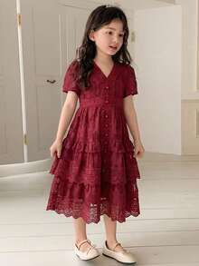 DAZY Girls Floral V-Neck Ruffle Trim Dress, Young Girl Fall Clothes - Burgundy - View 5