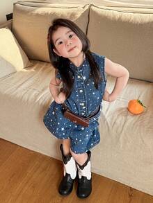 DAZY 女童五角星图案单排扣背心和牛仔短裤套装 - 藍色 - 查看 3