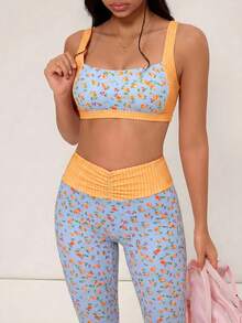 Medorelle 女士印花拼接上衣和裤子休闲两件套 - 藍色 - 查看 6