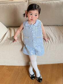 Dazy Kids 女童彼得潘领精致蓝色背心短裤两件套，高端夏季套装 - 藍色 - 查看 1