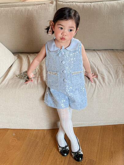 Dazy Kids 女童彼得潘领精致蓝色背心短裤两件套，高端夏季套装