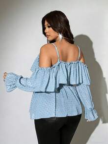 Viva Relle Blusa sexy de manga larga con tirantes finos, hombros descubiertos y volantes, para talla grande en verano - Celeste - Ver 6
