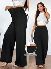 SHEIN PETITE Women's High Waist Pockets Wide Leg Loose Casual Jeans - Black - View 2