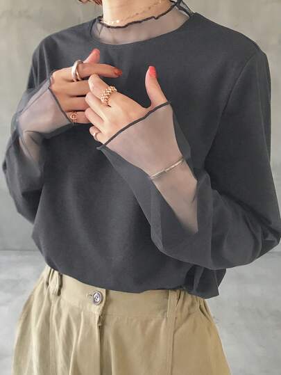 FRIFUL Solid Color Patchwork Sheer Polka Dot Mesh Fabric Loose Casual Versatile T-Shirt
