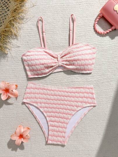 SHEIN Tween Girls Swimwear Bikini Sets Casual Light Pink Pink And White Stripes Special Fabric String Bikini Two-Piece Set Fashionable Casual Exquisite Glamorous Suitable For Swimming Summer Vacation Beach Pool Summer Vacation Parties Casual Vacation Pink Bow Bathing Suit Swimsuits For Teen Girls Pink Teen Girl Bathing Suit Set Pink Striped Bikini Ruched Pink Bikini Set Bathing Suits For Girls Swimwear For Girls Bathing Suits For Teens Summer Bathing Suits For Tweens Buy Swimwear Bikini Sets For Girls Swimsuit For Girls Bikini For Girls