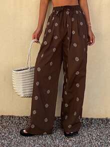 DAZY 女士休闲碎花弹力腰裤，春夏款 - 咖啡棕 - 查看 3