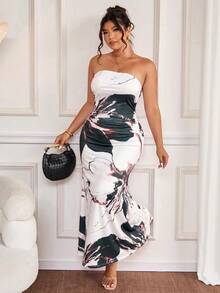 SHEIN Allurite Đầm ống in hoa thanh lịch dành cho phụ nữ cỡ lớn - màu xanh lá - Xem 7