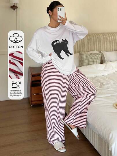 Dazy Plus 大码女式猫咪印花长袖T恤和条纹裤睡衣套装