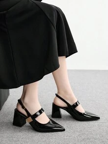 CUCCOO BIZCHIC 女士鞋履 春秋季尖头粗跟中跟黑色金属扣装饰女士露跟鞋 时尚经典简约通勤约会派对假日度假女士高跟鞋 - 耀夜黑 - 查看 5