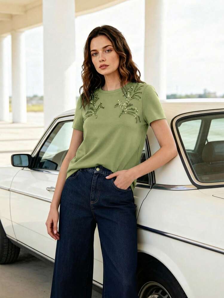 Women's Summer Fashion T-Shirt, Elegant Sequin Embroidered Indigo Blue Short Sleeve Casual Office Lady Fitted Crew Neck Knit Top