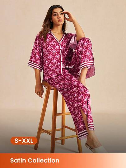 LUVLETTE Women's Cute Vibrant Burgundy Satin Sleep Set - Pattern Pajamas With Contrast Trim Lively Nightwear Curve Lingerie Pyjama