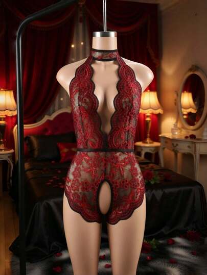 1PC Sheer Lace Teddy Bodysuit Deep V Neck Open Crotch Harness Styles Elastic Figure Hugging Sexy Lingerie Transparent Cutout Details Exquisite Stitching All In One Intimate Wear For Special Nights Fashion Holiday Romance Valentines Celebration