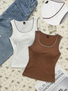 SHEIN EZwear 两件套复古撞色方领吊带背心和无袖修身T恤套装，贝壳刺绣针织面料，适合外出、通勤和上学穿着。 - 彩色 - 查看 12