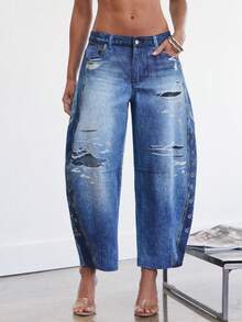 Denimoi Abstract Printed Denim Graphic Barrel Jeans Fashionable Denim Streetwear - Blue - View 4