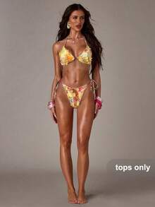 SHEIN BAE 1 chiếc áo bơi lưới đính hạt pha lê màu vàng dành cho nữ - Màu vàng - Xem 3