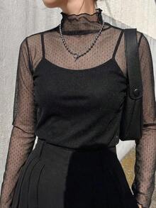 FRIFUL Women's Mesh Turtleneck Sheer Top, Layering Piece For Autumn - Black - View 6