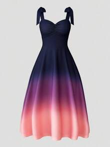 Elenzga Sleeveless Heart Neck Strap Bow Tie Waist A-Line Elegant Romantic Precise Gradient Placement Print Women Dress - Multicolor - View 4