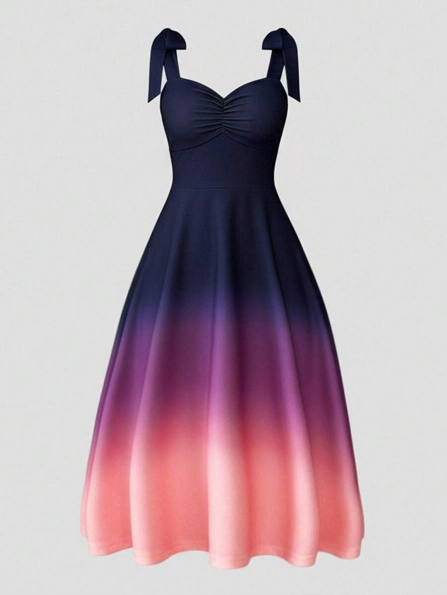 Elenzga 无袖心形领口系带蝴蝶结腰身A字型优雅浪漫精准渐变印花女装 - 彩色 - 查看 1