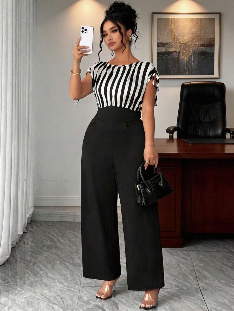 Elenzga Bộ jumpsuit ống rộng phối sọc thanh lịch dành cho nữ cỡ lớn, thích hợp cho công sở và mặc hàng ngày. - Nhiều màu - Xem 1