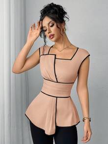 SHEIN Clasi Áo sơ mi nữ thanh lịch với viền tương phản ở eo, thích hợp cho mùa hè. - Bụi hồng - Xem 5