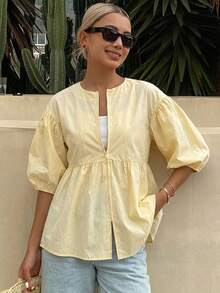 FRIFUL Women's Solid Color Short Petal Sleeve Zip Front Casual Shirt - Apricot - View 11