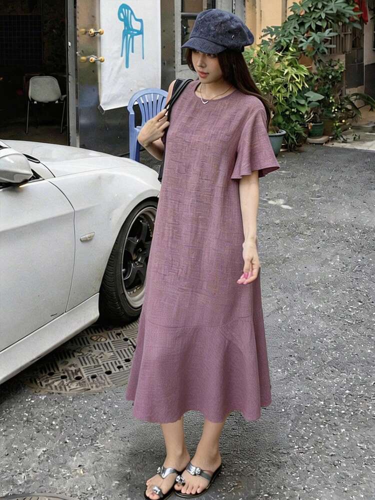 Tall Women's Round Neck Ruffle Hem Short Sleeve Casual Dress, Vacation Style