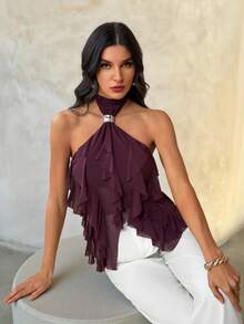 SHEIN Tall Áo tank top nữ thanh lịch nhiều lớp, cổ đứng, ôm dáng, màu tím, viền bèo nhún. - Màu tím - Xem 8