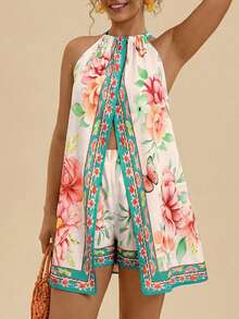 Travachic Bộ jumpsuit cỡ lớn cổ yếm xẻ tà, họa tiết nhiệt đới, hở vai, dáng rộng thanh lịch, thích hợp mặc hàng ngày và đi nghỉ mát, mùa xuân/hè, họa tiết đối xứng. - Nhiều màu - Xem 7