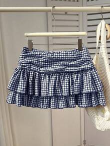 Flirla Women's Red Plaid Ruched High Waist Double-Layer Hem Romantic Vacation Sweet Casual Short Skirt, Spring/Summer - Navy Blue - View 2