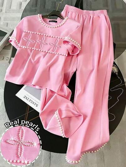 Resyla Set de 2 piezas con blusa de cuello redondo con decoración de perlas falsas y mangas cortas, y pantalones de pierna ancha, para uso diario casual