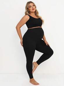 Plussiva Plus Size Maternity Black Leggings,Sommar Casual Gym High Waist Pregnancy Pants,Seamless Ultra-Elastic Expandable Belly Panel Slim-Fit Yoga Leggings - Black - View 5