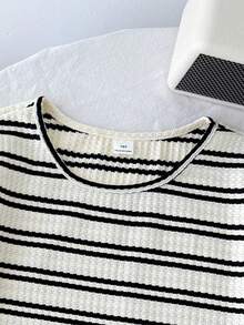 SHEIN 少女休闲条纹短袖T恤和裤子套装，夏季 - 黑與白 - 查看 5