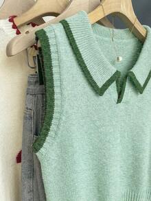 SHEIN LUNE Sage Green Knitted Vest,Polo Collar Half-Button Design,Contrast Trim Sleeveless Soft Ribbed Knit Top,Autumn Casual School Back-To-School Layering - Mint Green - View 4