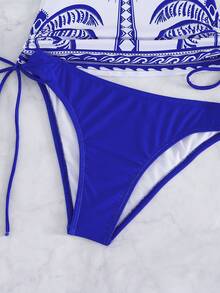 Swim Lushoire 女士纯色抽绳纹理面料吊带露背度假吊带比基尼上衣 - 藍色 - 查看 8