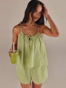 Athîral 女士格子时尚吊带背心和短裤两件套 - 綠色 - 查看 7