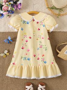 Elladie kids Vestido de verano casual de uso diario y vacacional para niña con cuello bordado con flores - Amarillo - Ver 2