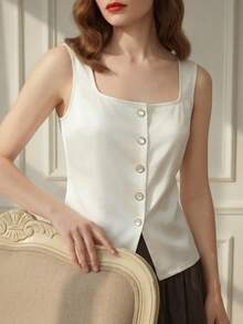 Suri Mira Áo khoác cardigan cổ vuông tối giản dành cho người đi làm, kiểu dáng thường ngày. - trắng - Xem 7