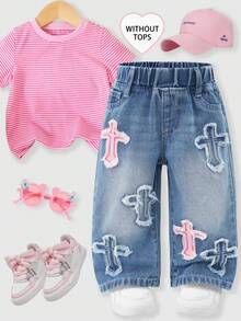 SHEIN Quần jeans ống rộng mùa hè cho bé gái, quần denim thêu hình trái tim dễ thương, màu đen bạc màu cổ điển, chất liệu vải đen xám thoải mái, quần denim ống rộng dáng suông in hình trái tim, thiết kế eo chun, chất liệu cotton mềm mại, thích hợp cho các hoạt động hàng ngày, đi học, đi làm, tụ họp, mặc ở nhà. - Rửa trung bình - Xem 7