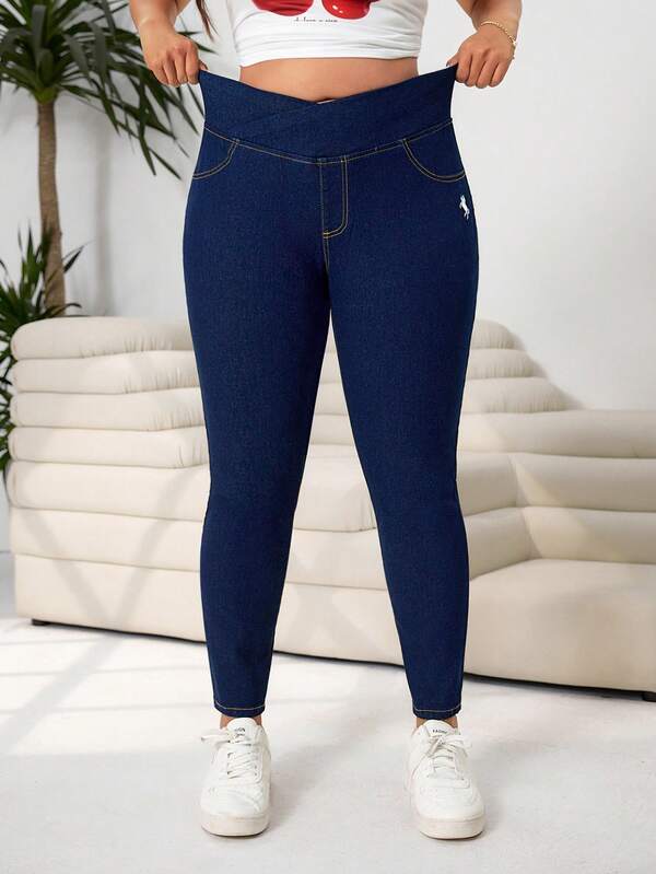 Solflare Jeans pitillo con bolsillo y estampado de caballero para mujer de talla grande