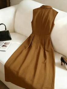 GlowEve Sleeveless Waist Gathered A-Line Elegant Romantic Detailed Women's Shirtdress - Khaki - View 2